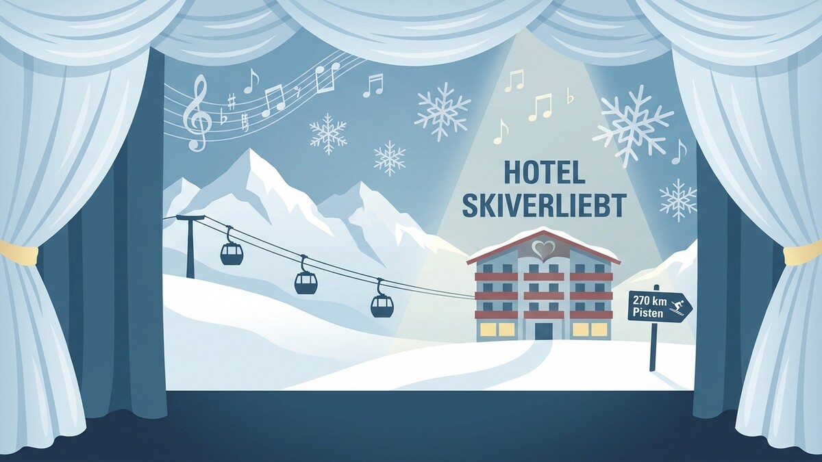 Hotel Skiverliebt mit 270 km Pisten vor verschneiter Bergkulisse mit Gondelbahn und Noten