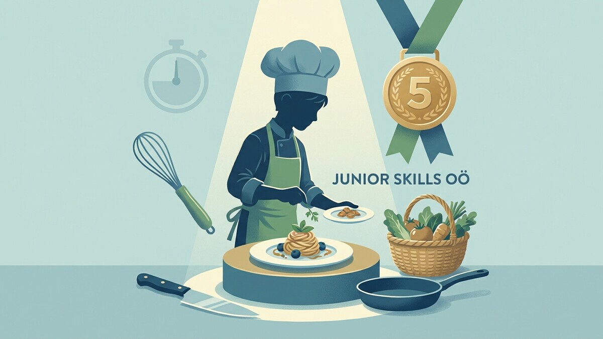Junior Skills OÖ Kochwettbewerb mit Medaille, Kochutensilien und Zutaten