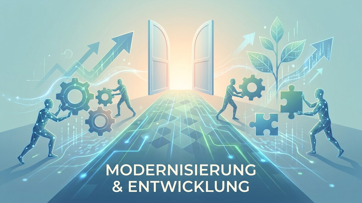 Modernisierung & Entwicklung: Silhouetten mit Zahnrädern, Puzzleteilen und Pfeilen vor offener Tür