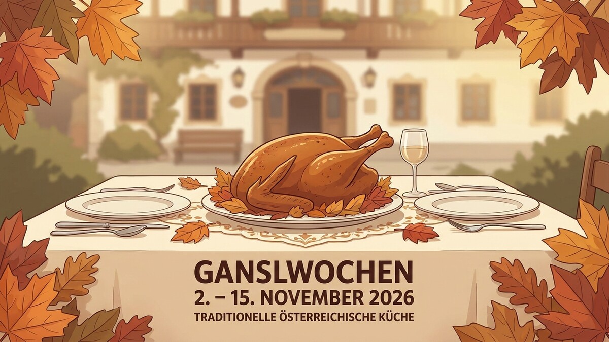 Gansl traditionell österreichisch mit Herbstlaub und Wein, Gänsewochen 2.-15. November 2026