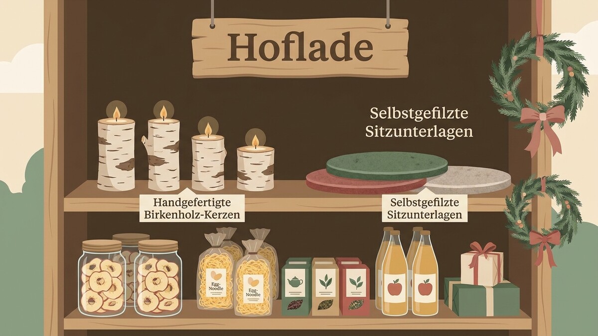 Hofladen mit Birkenholz-Kerzen, Filz-Sitzunterlagen, Apfelsaft und Geschenken