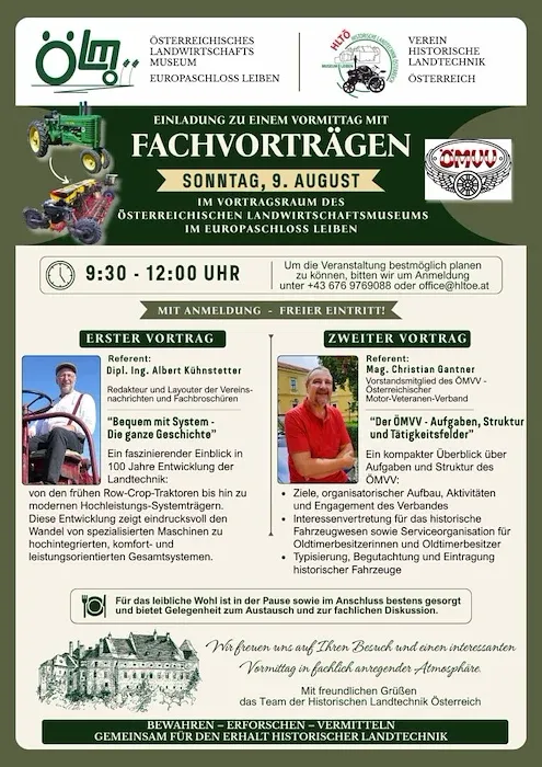 Einladung zu Fachvorträgen am 9. August im Europaschloss Leiben mit Dipl. Ing. Albert Kühn stetter und Mag. Christian Gantner