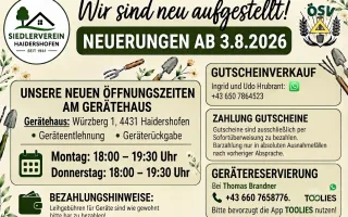 Siedlerverein Haidershofen: Neuerungen ab 3.8.2026 mit neuen Öffnungszeiten am Gerätehaus in Würzberg 1, Haidershofen.