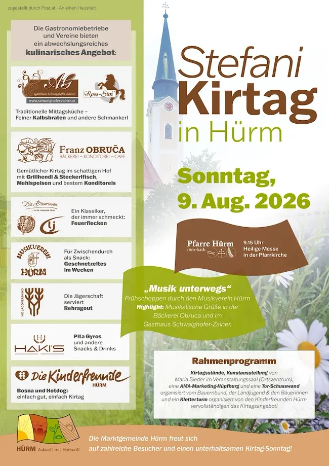 Stefani Kirchtag in Hürm, Sonntag, 9. Aug. 2026, mit Kirchturm, Blumen und Angeboten.