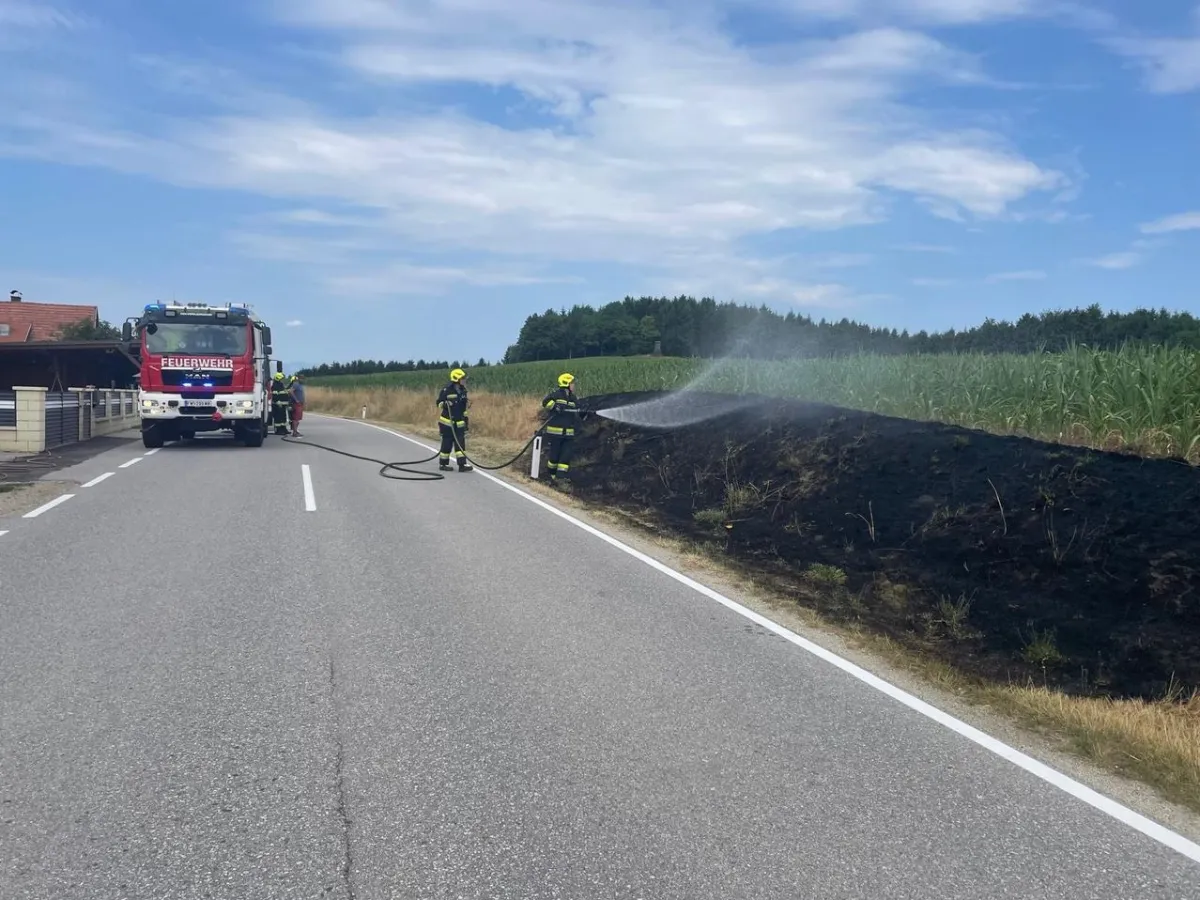 Feuerwehr löscht Böschungsbrand neben Straße in Oberösterreich mit Wasser.