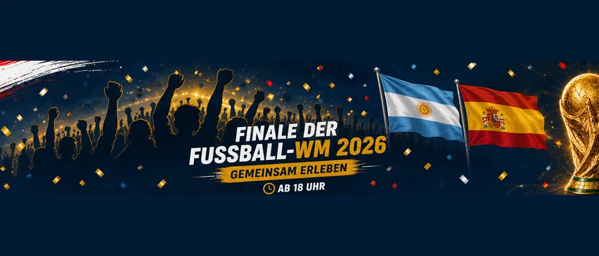 Fußball-WM 2026 Finale mit Argentinien- und Spanienflagge sowie WM-Pokal