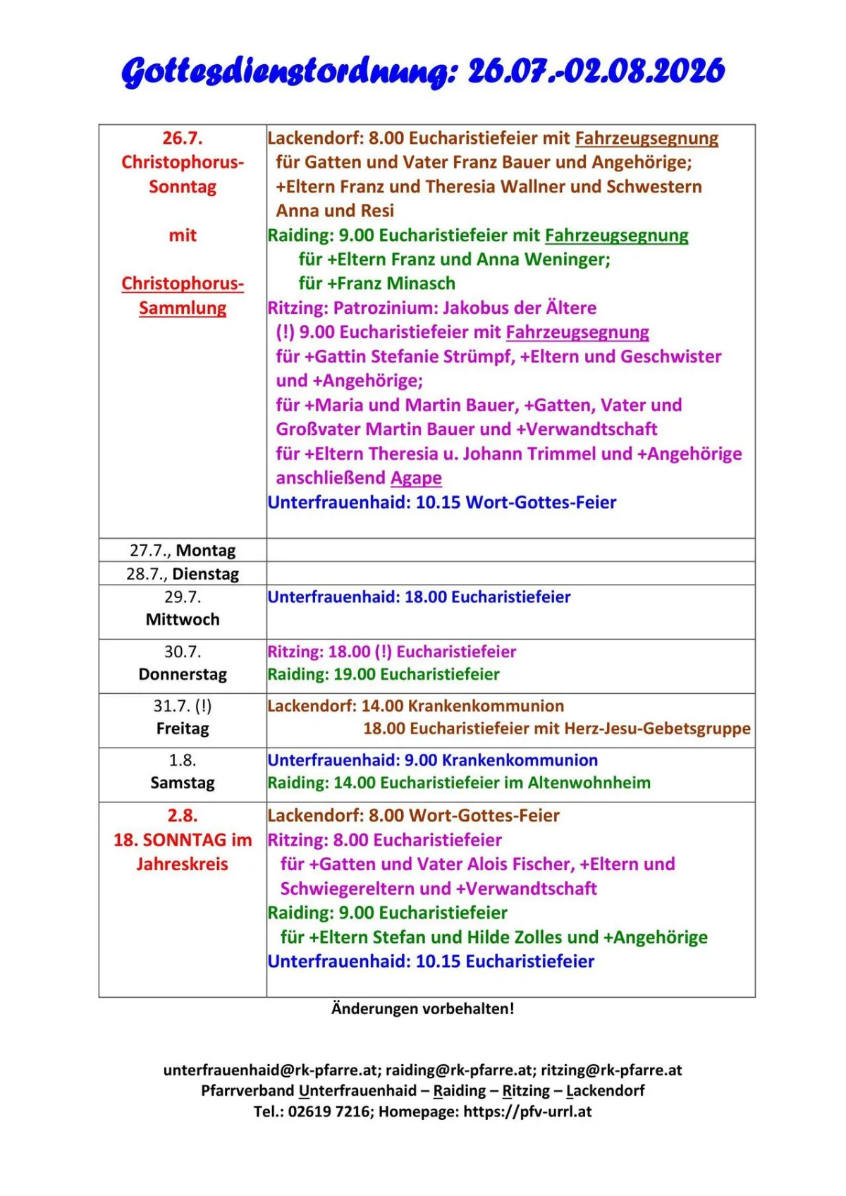 Gottesdienstordnung 26.07.-02.08.2026 mit Orten und Zeiten der Feiern