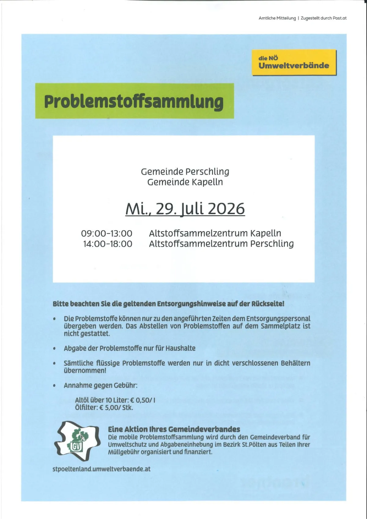 Problemstoffsammlung in Kapelln und Perschling am 29. Juli 2026