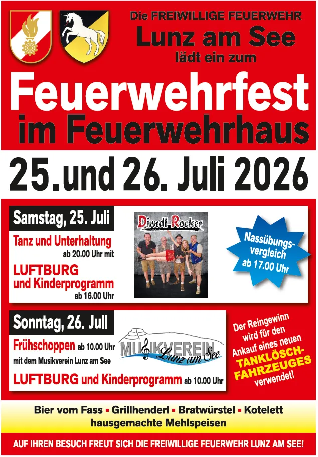 Feuerwehrfest Lunz am See 25. und 26. Juli 2026 mit Musik, Kinderprogramm und Verpflegung.