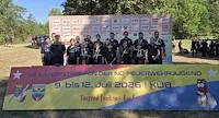 Feuerwehrjugend-Landesbewerb 2026 in NÖ: Teilnehmer vor Banner mit Sponsoren und Datum