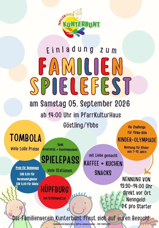 Familienfest in Göstling/Ybbs am 5. September 2026 mit Tombola, Spielepass, Hüpfburg, Kaffee und Snacks.