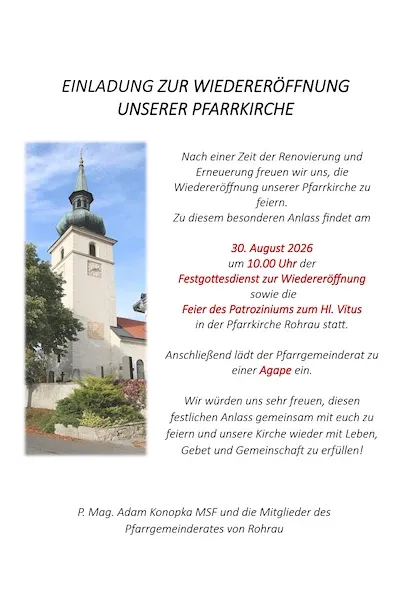 Pfarrkirche Rohrau lädt zur Wiedereröffnung am 30. August 2026 ein