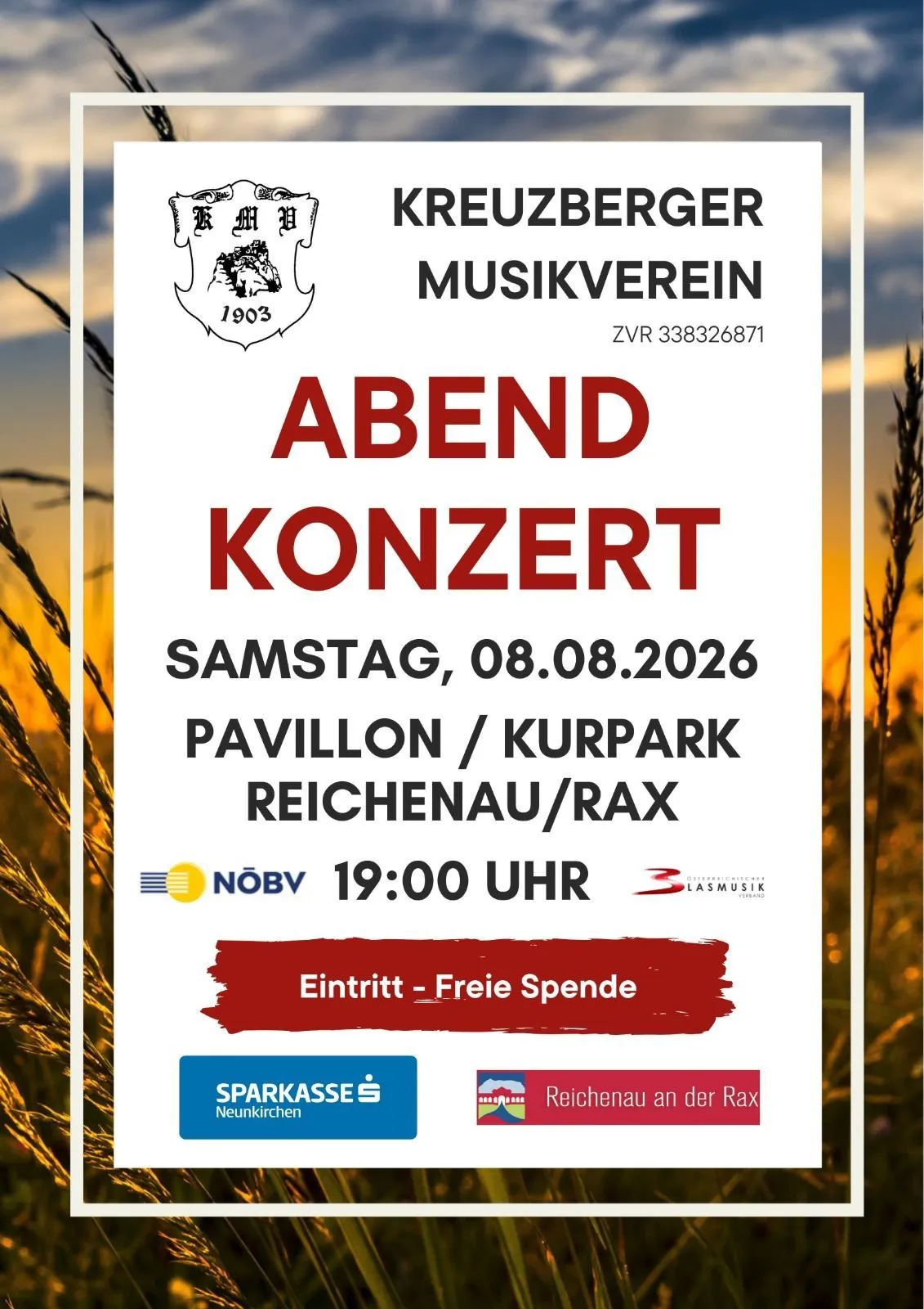 Abendkonzert Kreuzberger Musikverein am 08.08.2026 im Pavillon/Kurpark Rax