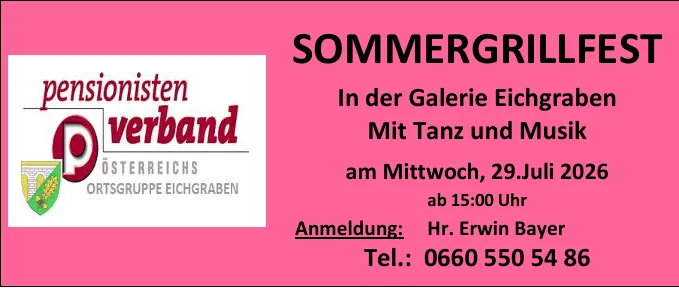 Sommergrillfest Pensionistenverband Eichgraben am 29. Juli 2026 in der Galerie Eichgraben