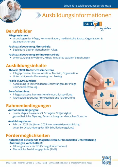 Ausbildungsinformationen SOB Haag: Pflegeberufe, Inhalte, Rahmenbedingungen und Förderungen