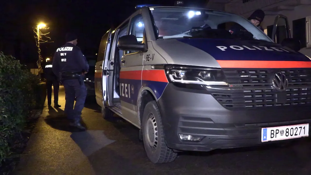 Polizeiauto mit Blaulicht und zwei Polizisten im Dunkeln in Österreich