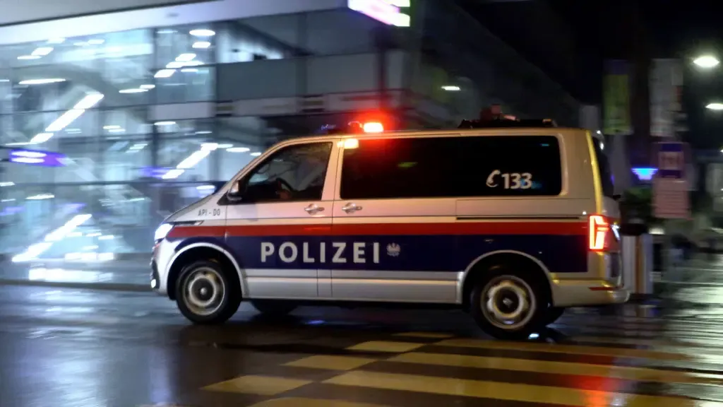 Polizeiauto mit Blaulicht fährt nachts über einen nassen Zebrastreifen in Österreich.