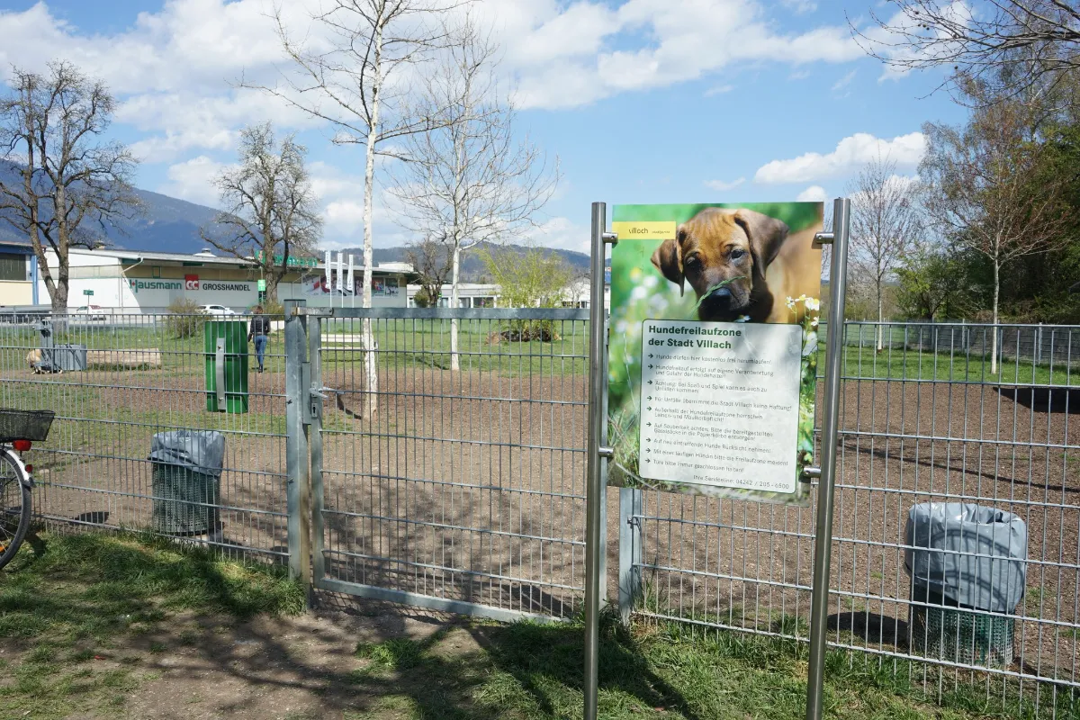 Hundefreilaufzone der Stadt Villach mit Informationstafel und Hundewelpe