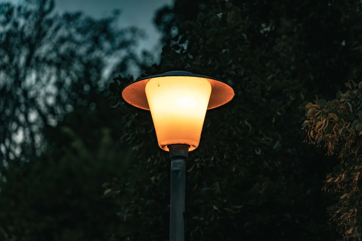 Gartenlaterne leuchtet im Dunkeln vor Bäumen und Büschen