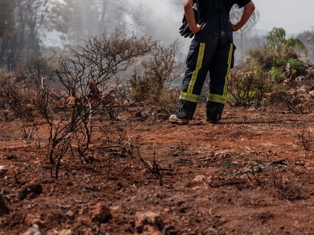 Feuerwehrmann steht im verbrannten Wald bei Kreta, Griechenland