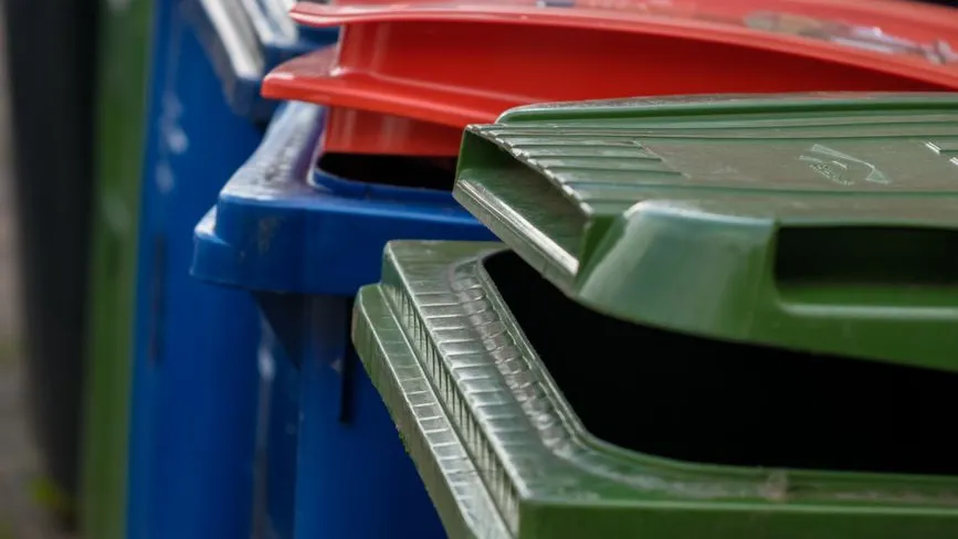 Mülltonnen mit grünen, roten und blauen Deckeln stehen nebeneinander.