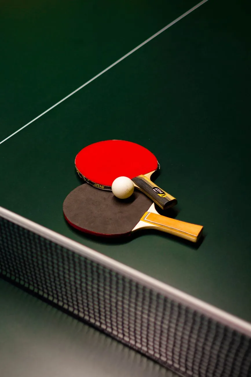 Tischtennisschläger und Ball liegen auf einem grünen Tisch mit Netz.