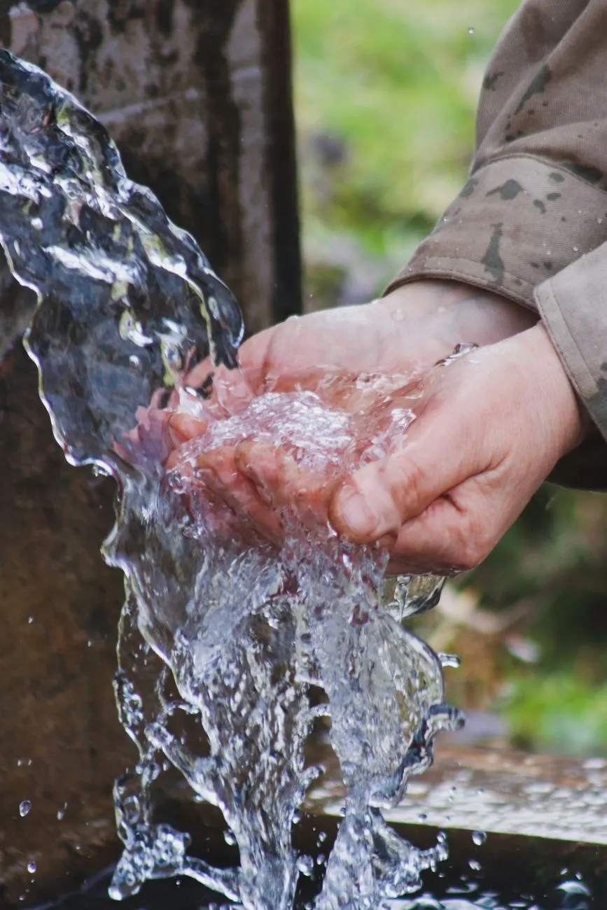 Wasser fließt in Hände vor unscharfem Hintergrund mit grüner Vegetation