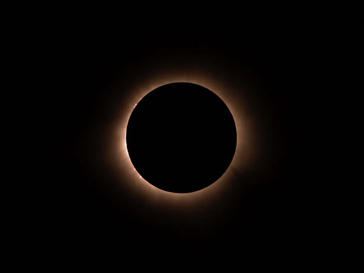 Sonnenfinsternis mit Korona und Protuberanzen am Horizont vor schwarzem Himmel